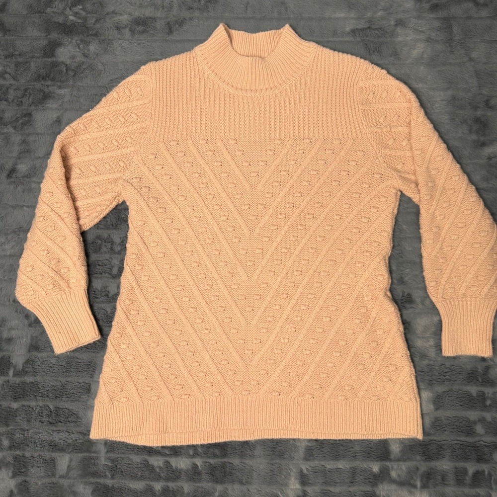 Calvin Klein Peach Chevron Cable Knit Mock Neck Sweater XL Popcorn Bobble Ribbed